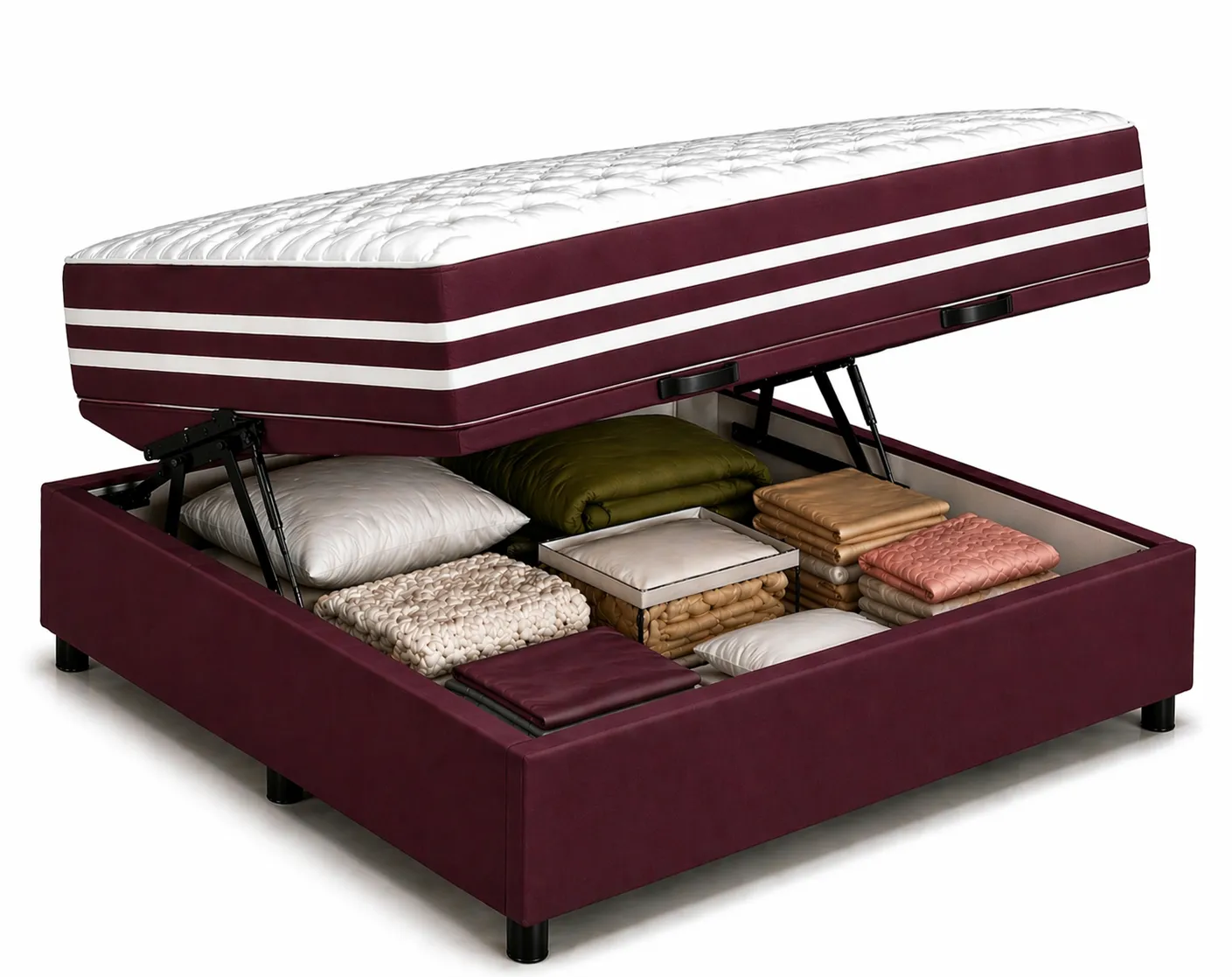 Kit Cama Box Baú + Colchão Mola Ensacada Viúva 1,28m - Vinho