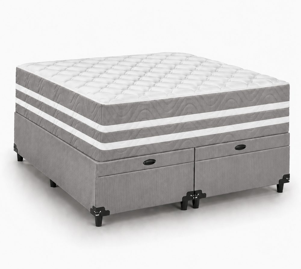 Kit Cama Box Baú + Colchão Mola Ensacada Casal 1,38m - Cinza
